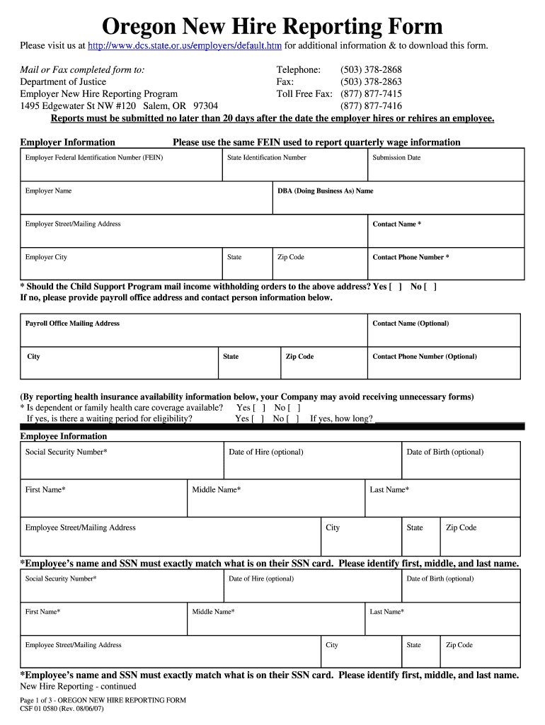 2007 Form OR CSF 01 0580 Fill Online Printable Fillable Blank 