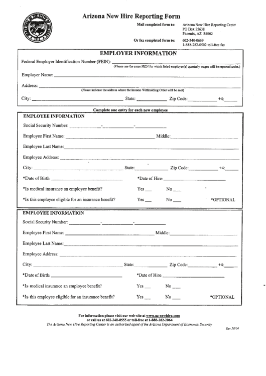 Arizona New Hire Reporting Form Printable Pdf Download