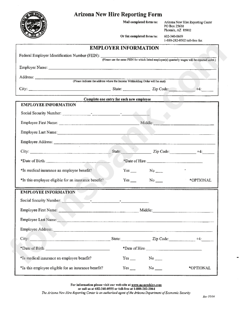 Arizona New Hire Reporting Form Printable Pdf Download