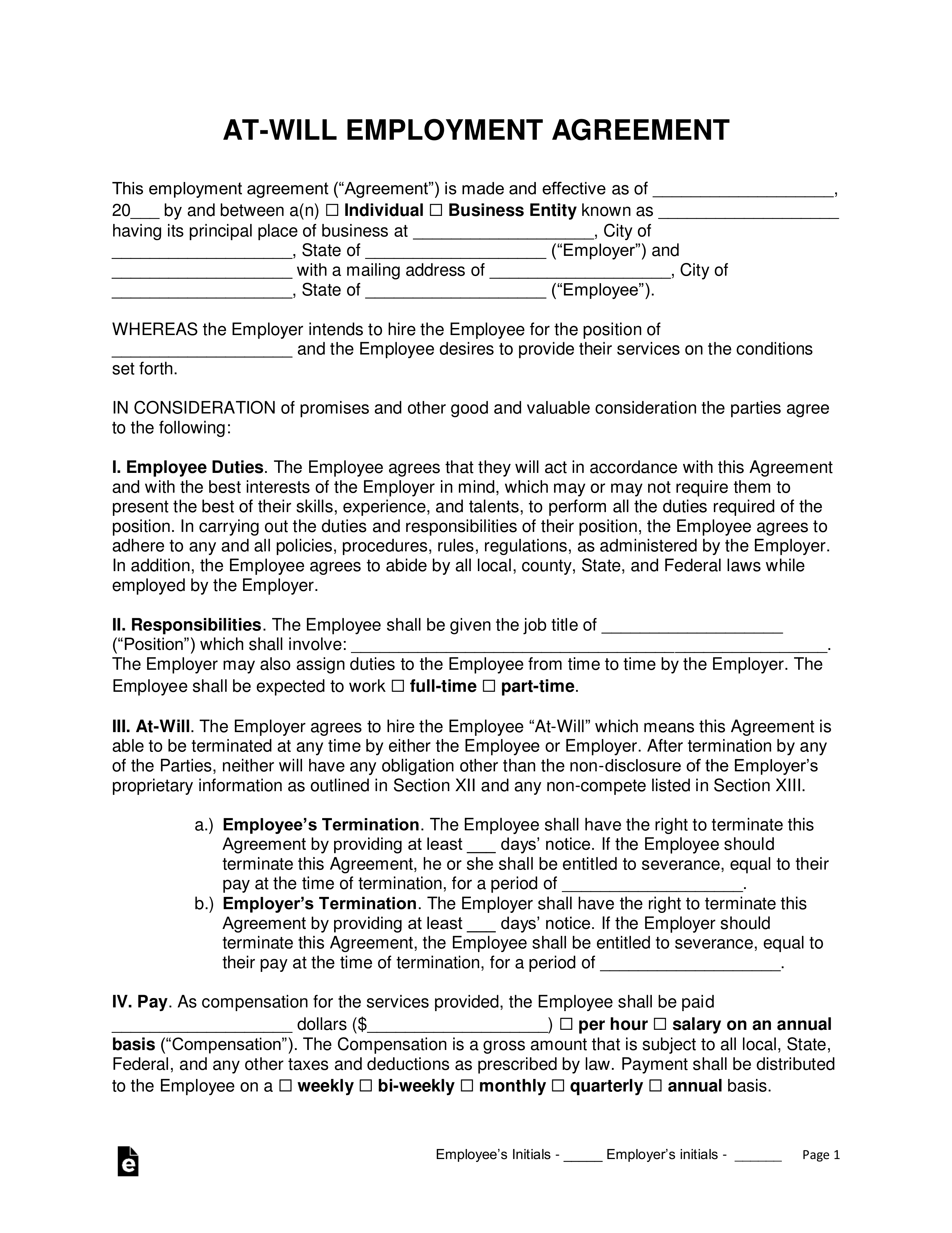 At Will Employment Contract Template EForms