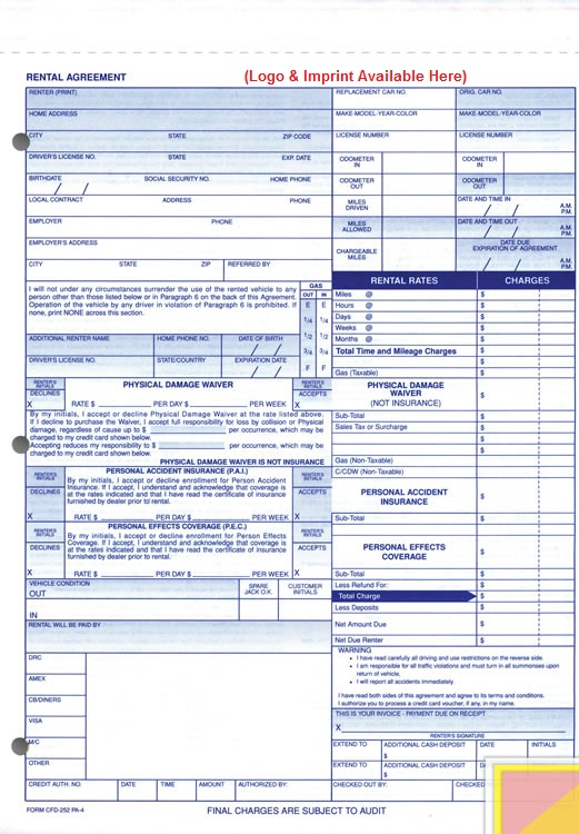 Car Rental Agreement Form Buy Now Estampe