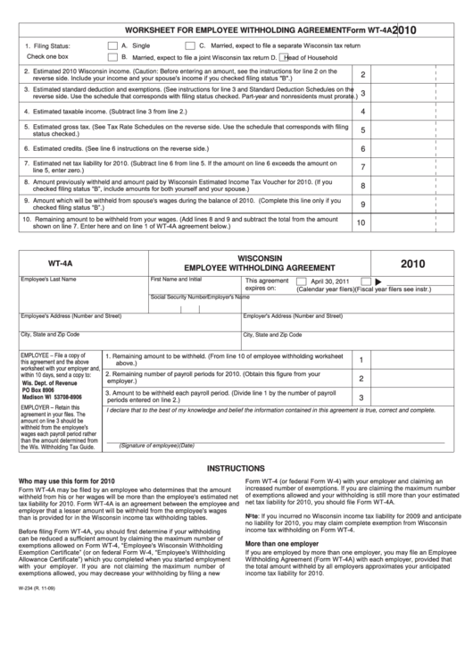 Employee Withholding Agreement Form Wt 4a Printable Pdf Download