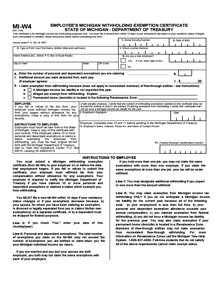 Employee Withholding Exemption Certificate Michigan Free Download