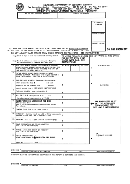 Employer S Unemployment Quarterly Tax Report Minnesota Department Of 