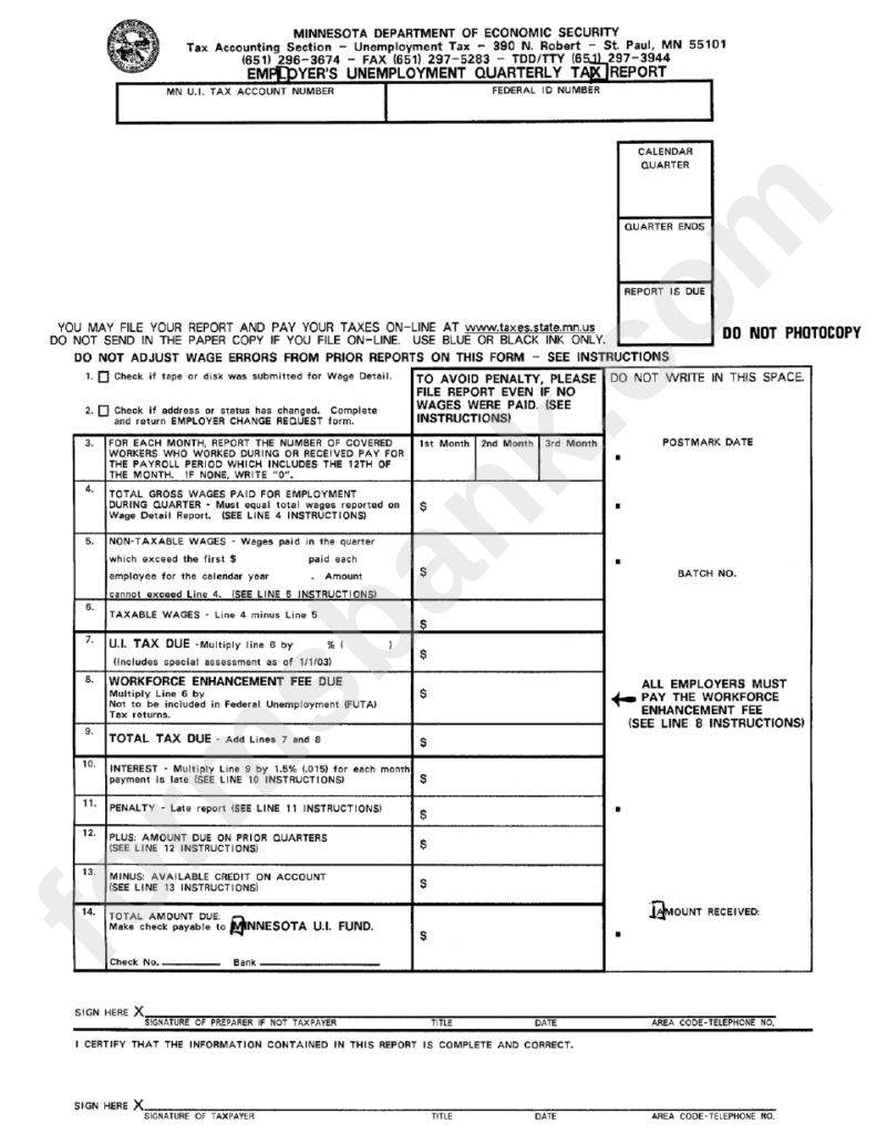 Employer S Unemployment Quarterly Tax Report Minnesota Department Of 