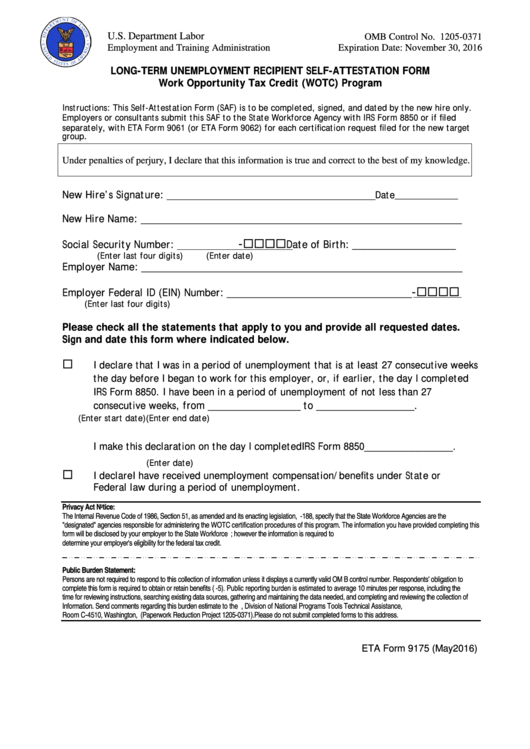 Eta Form 9175 Long Term Unemployment Recipient Self Attestation Form 