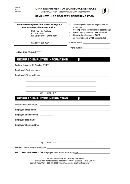 Fillable Dws Ui Form 6 Utah New Hire Registry Reporting Printable Pdf