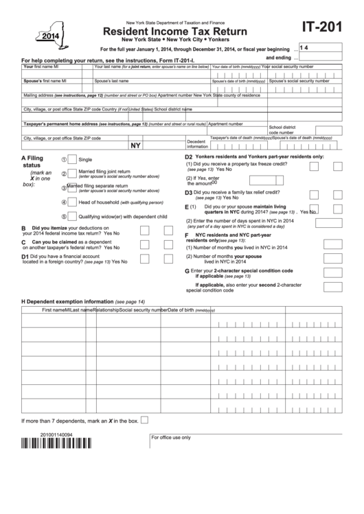 Fillable Form It 201 2014 Resident Income Tax Return New York State 