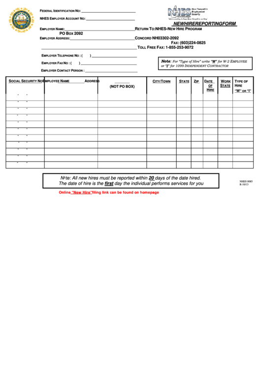 Fillable Form Nhes 0085 Nhes New Hire Reporting Form Printable Pdf 