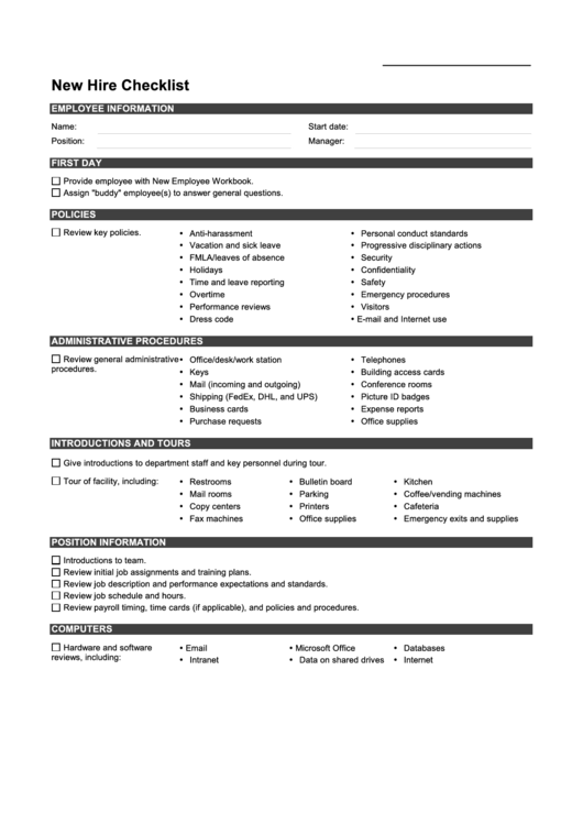 Fillable New Hire Checklist Printable Pdf Download