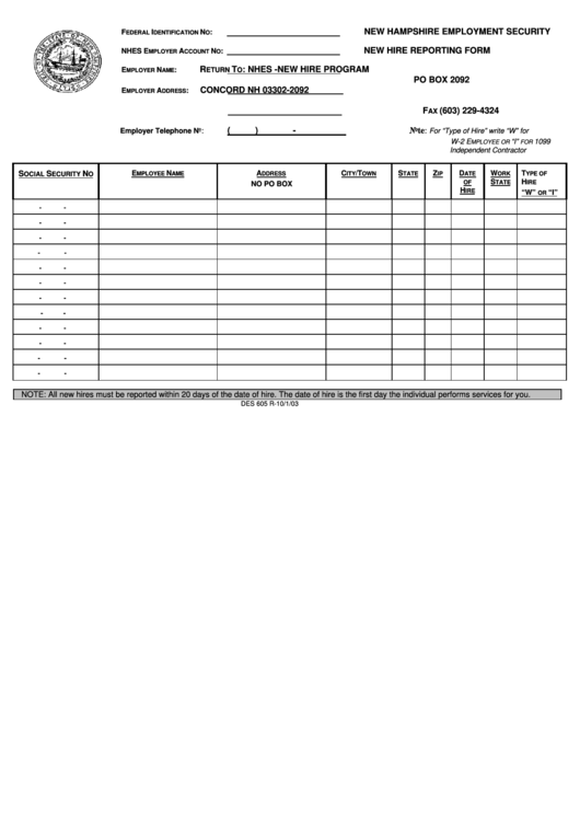 Fillable New Hire Reporting Form 2003 Printable Pdf Download