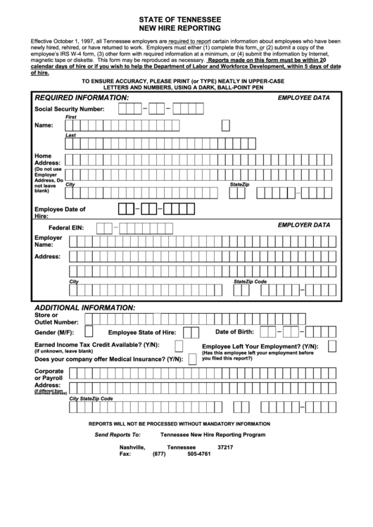 Fillable Tennessee New Hire Reporting Form Printable Pdf Download