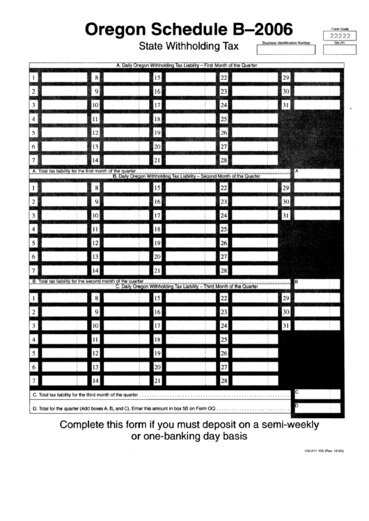 Form 22222 Schedule B State Withholding Tax Oregon 2006 