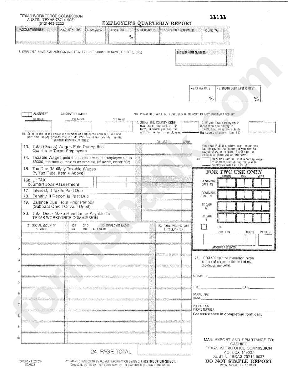 Form C 3 Employer S Quarterly Report Texas Workforce Commission 