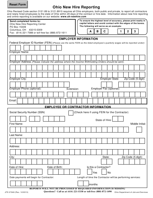 Form JFS07048 Download Fillable PDF Or Fill Online Ohio New Hire 