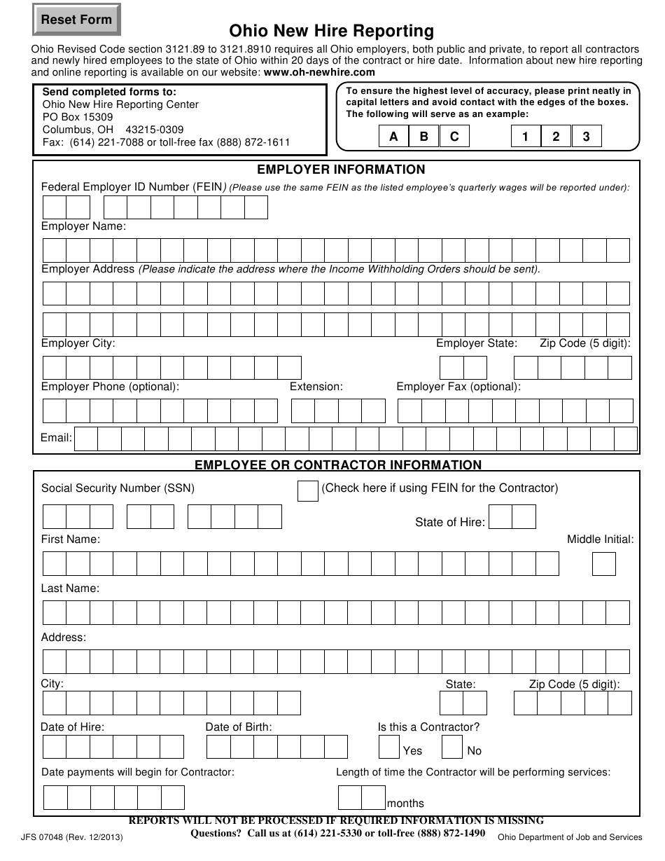 Form JFS07048 Download Fillable PDF Or Fill Online Ohio New Hire 