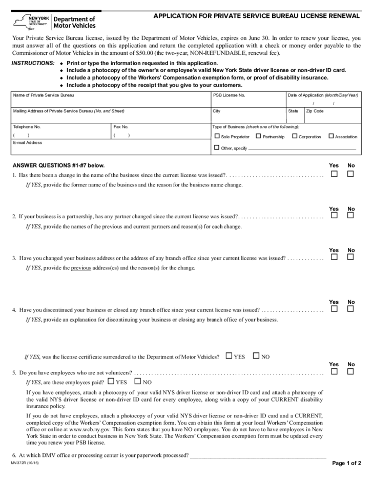 Form MV 372R Application For Private Service Bureau License Renewal 