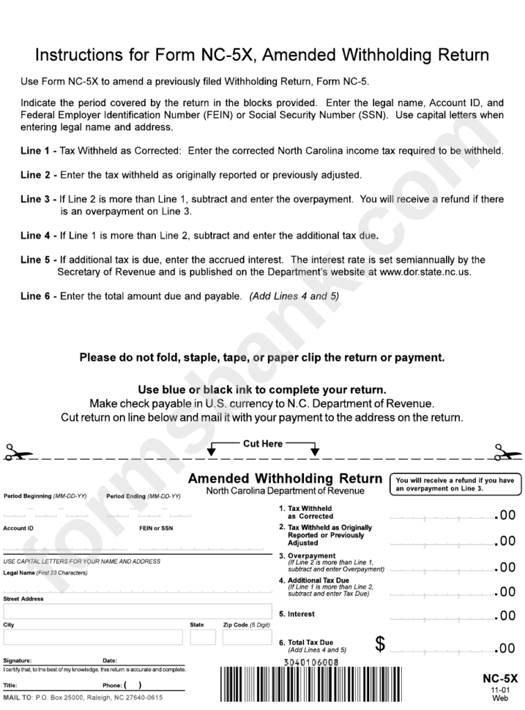 Form Nc 5x Amended Withholding Return Printable Pdf Download