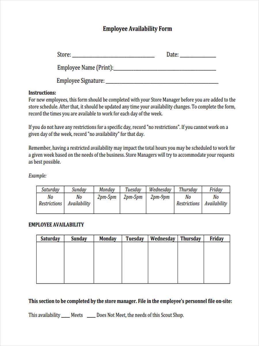 FREE 7 Employee Availability Forms In PDF MS Word