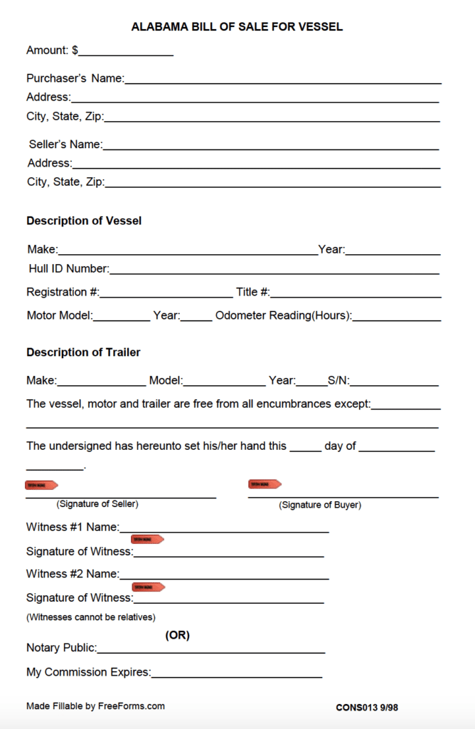 Free Alabama Boat Vessel Bill Of Sale Form PDF