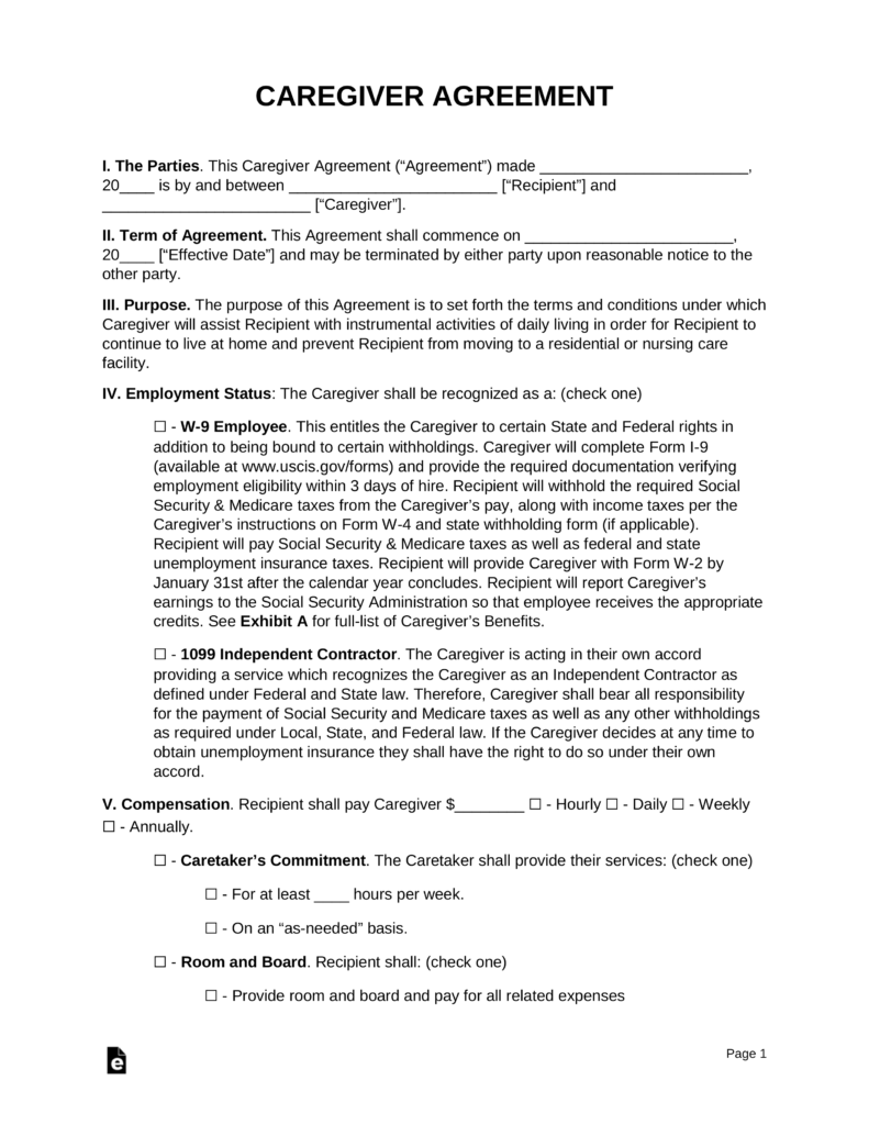 Free Caregiver Contract Agreement Template PDF Word EForms