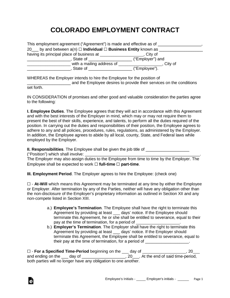 Free Colorado Employment Contract Templates PDF Word EForms 