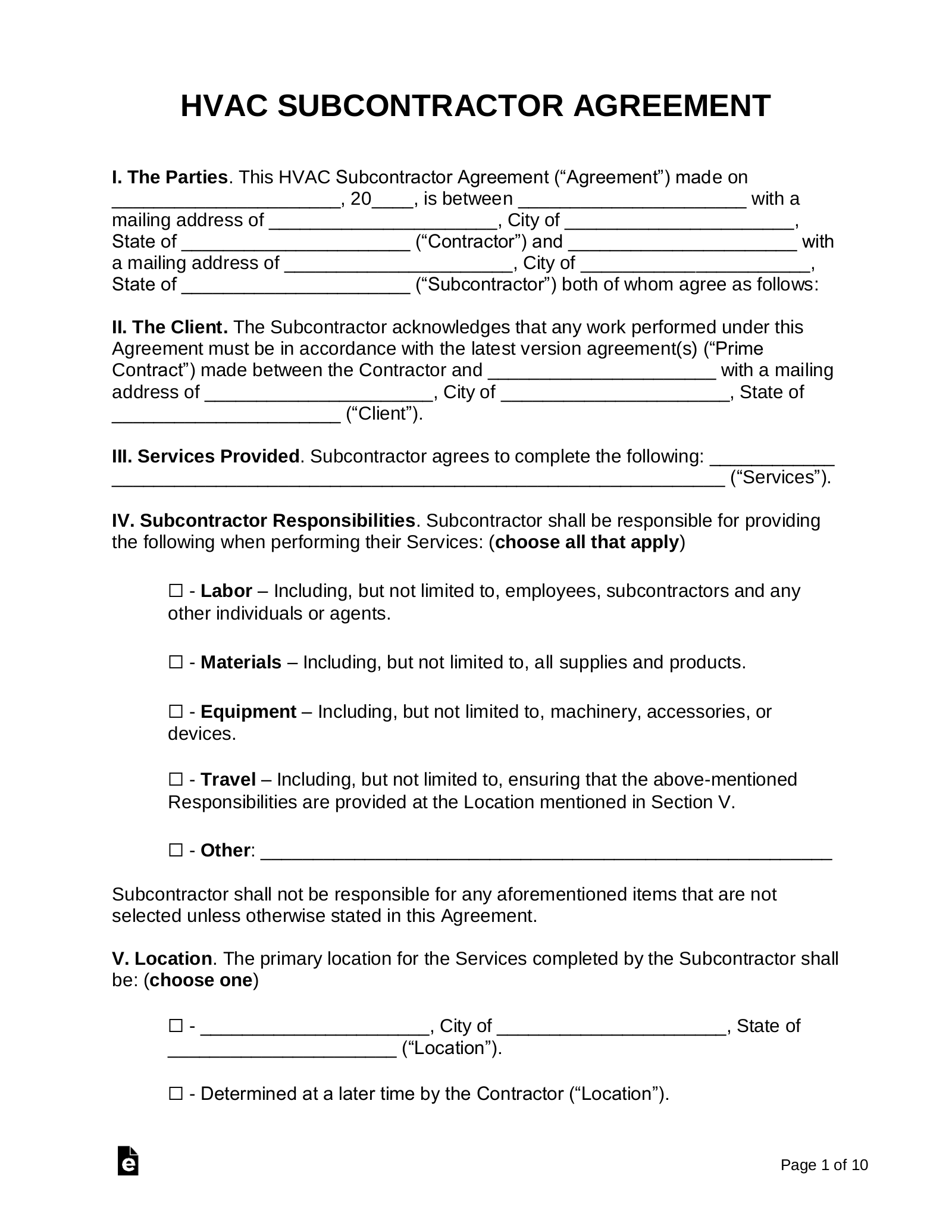 Free HVAC Subcontractor Agreement Word PDF EForms