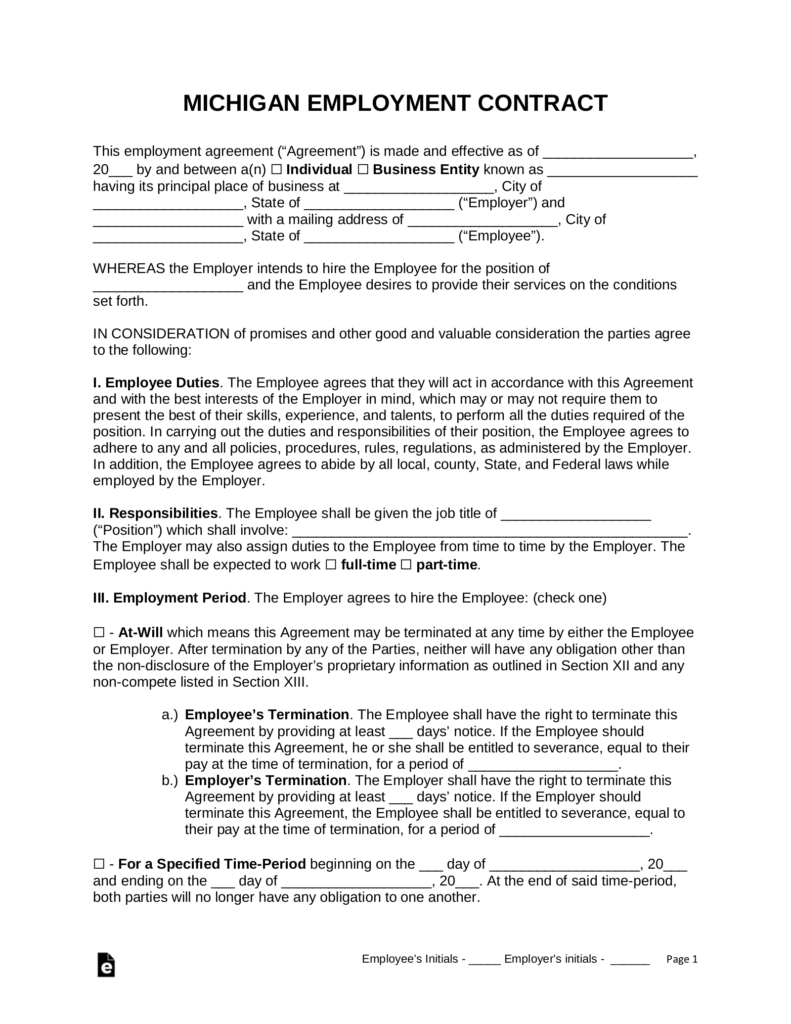 Free Michigan Employment Contract Templates PDF Word EForms