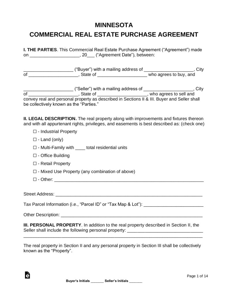 Free Minnesota Commercial Real Estate Purchase And Sale Agreement PDF 