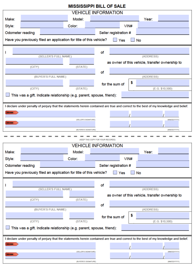 Free Mississippi Bill Of Sale Forms PDF