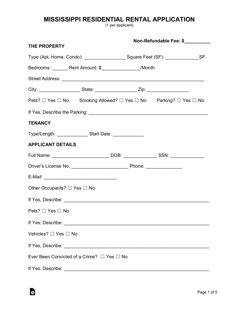 Free Mississippi Rental Application Form PDF EForms