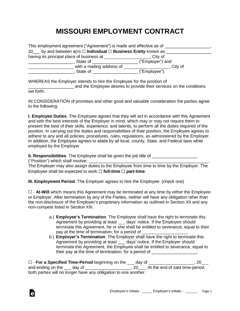 Free Missouri Employment Contract Templates PDF Word EForms