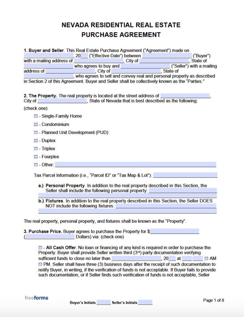 Free Nevada Real Estate Purchase Agreement Template PDF WORD