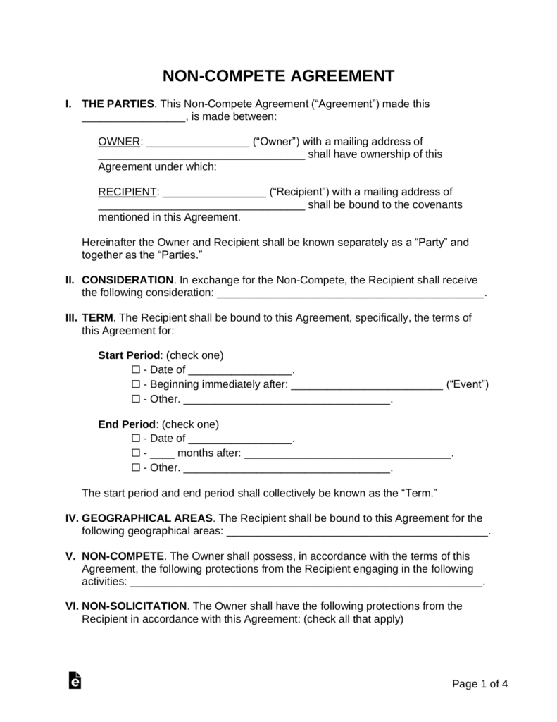 Free Non Compete Agreement Template PDF Word EForms