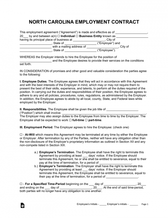 Free North Carolina Employment Contract Templates PDF Word EForms