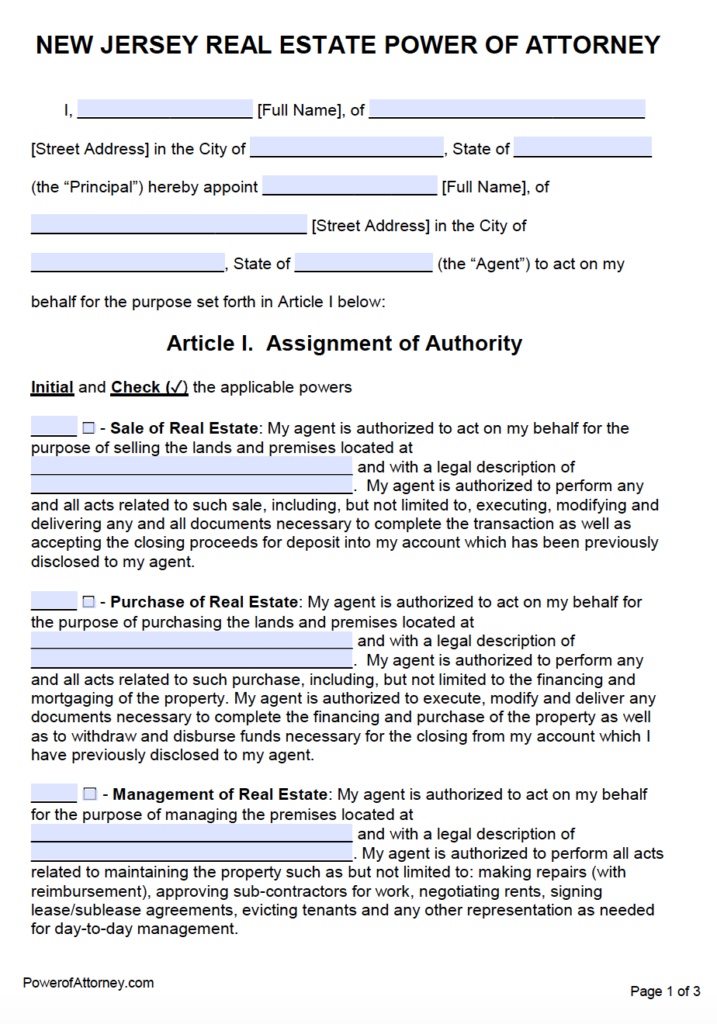 Free Real Estate Power Of Attorney New Jersey Form PDF Word