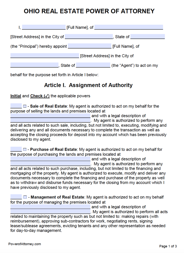 Free Real Estate Power Of Attorney Ohio Form PDF Word