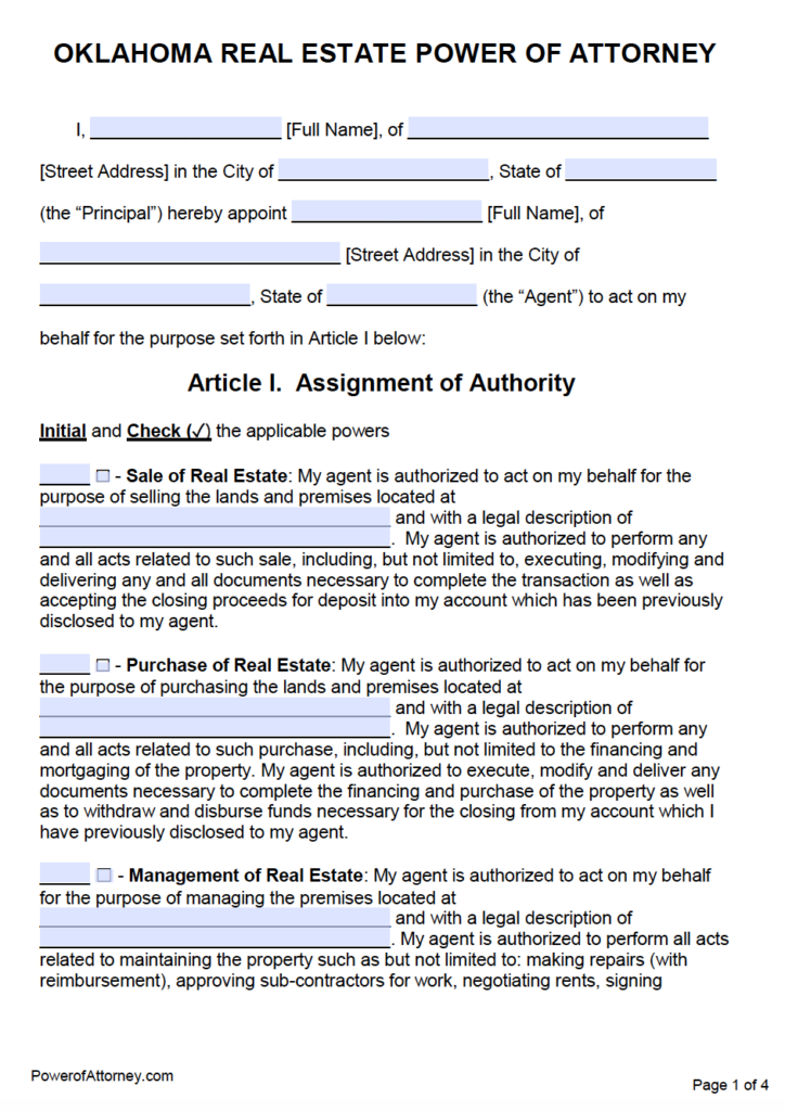 Free Real Estate Power Of Attorney Oklahoma Form PDF Word