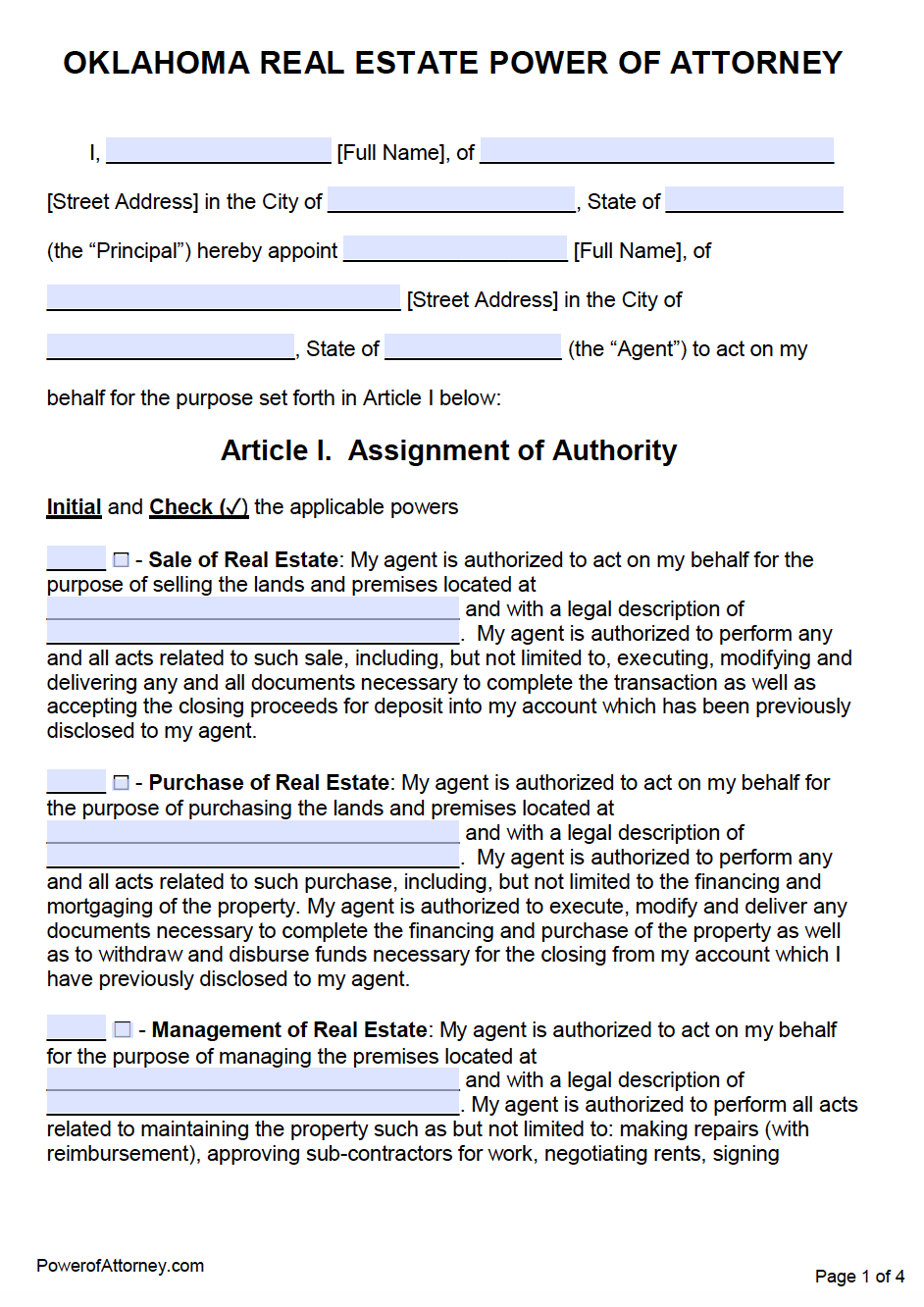 Free Real Estate Power Of Attorney Oklahoma Form PDF Word