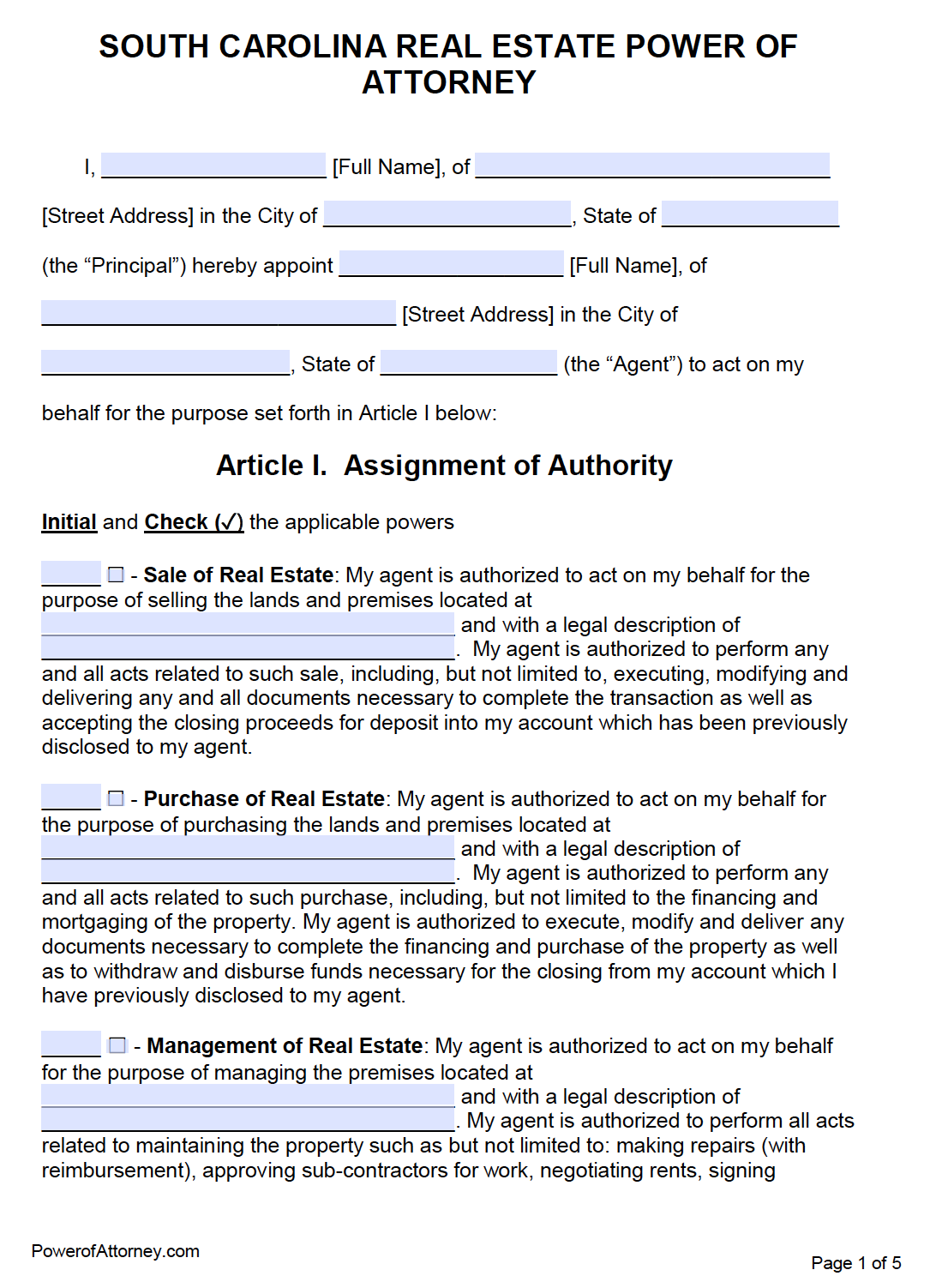 Free Real Estate Power Of Attorney South Carolina Form PDF Word