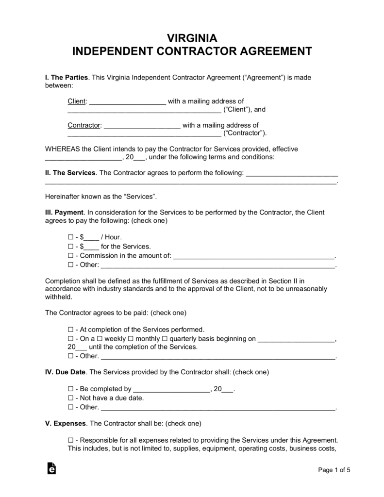 Free Virginia Independent Contractor Agreement Word PDF EForms 