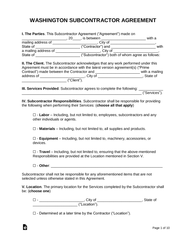 Free Washington Subcontractor Agreement Word PDF EForms