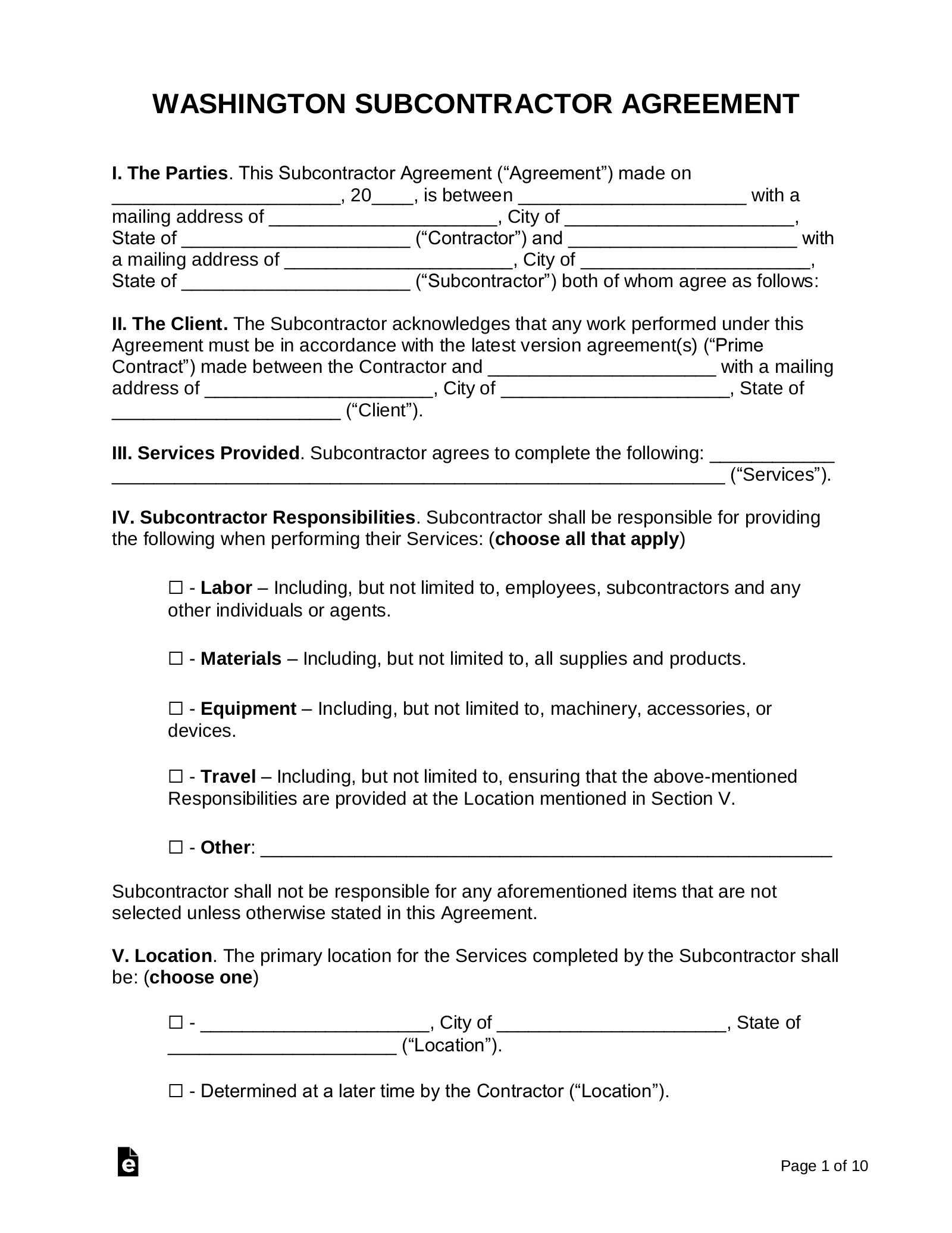 Free Washington Subcontractor Agreement Word PDF EForms