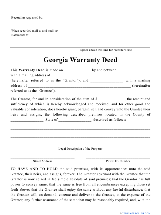 Georgia United States Warranty Deed Form Download Printable PDF 