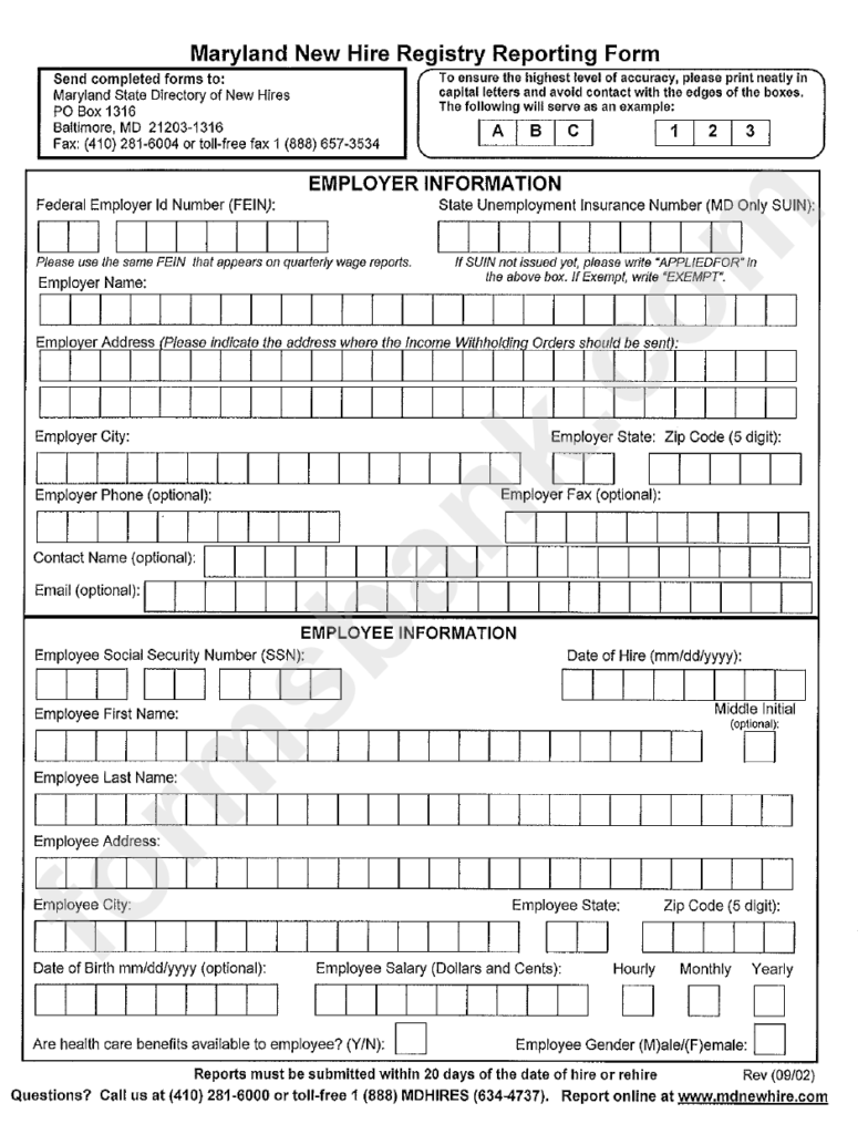 Maryland New Hire Registry Reporting Form Printable Pdf Download