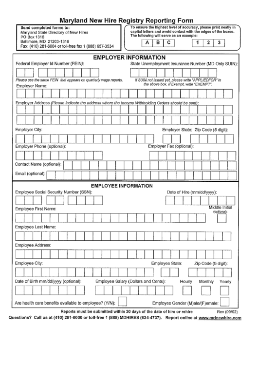 Maryland New Hire Registry Reporting Form Printable Pdf Download
