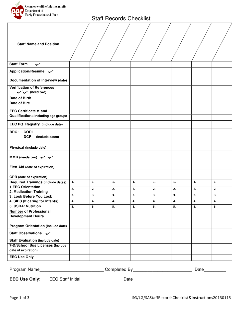 Massachusetts Staff Records Checklist Download Printable PDF 