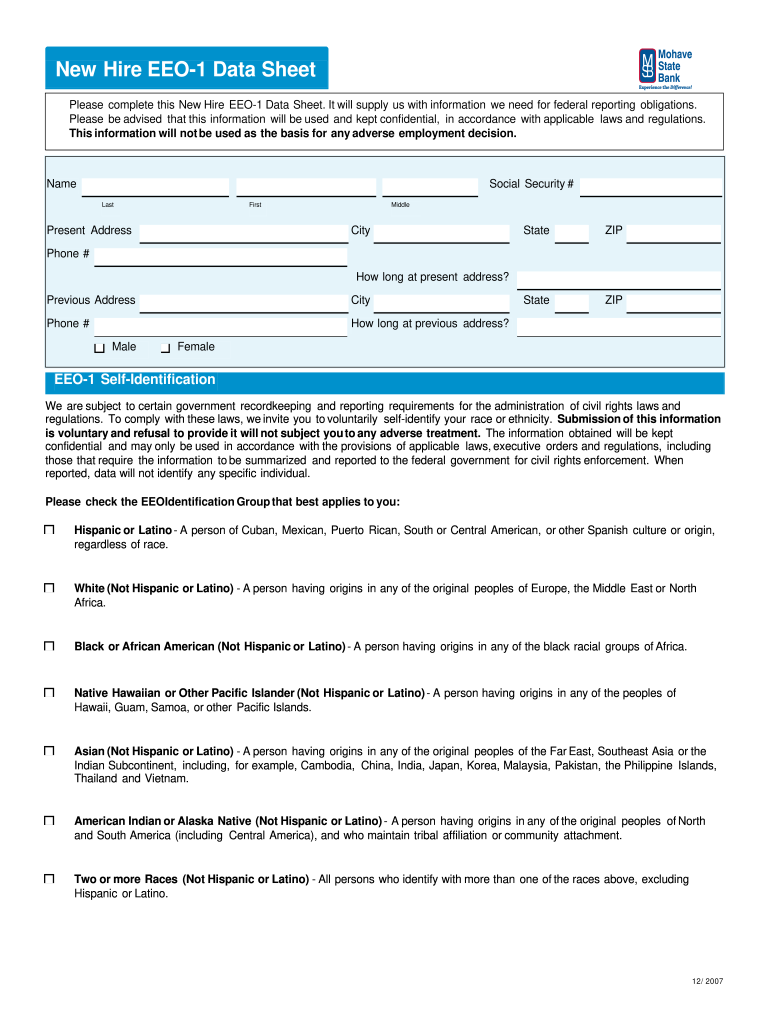 Mohave State Bank New Hire EEO 1 Data Sheet 2007 Fill And Sign 