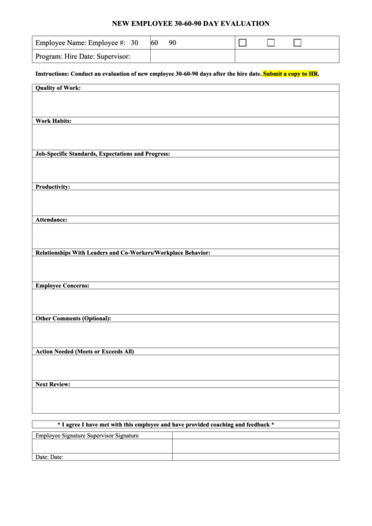 New Employee 30 60 90 Day Evaluation Form Printable Pdf Download