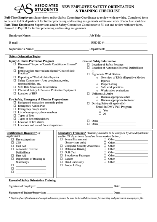 New Employee Safety Orientation Training Checklist Template Printable 